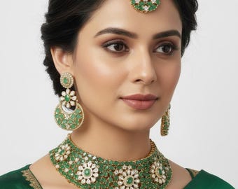 Green Floral Kundan Bridal Choker Set, Indian Wedding Jewelry, Pakistani Bridal Necklace, Maang Tikka Reception Set