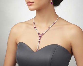 Pink / Ruby / Midnight Blue CZ Jewelry Set – Bridal Necklace Set with Long Earrings, Adjustable Ring & Bracelet, Wedding Reception Jewelry