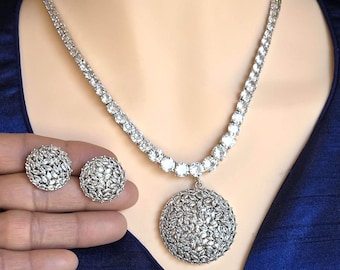 CZ Tennis Necklace Set with Statement Earrings, Silver or Rose Gold Jewelry Set, Modern Bridal Necklace, Wedding Reception Jewelry