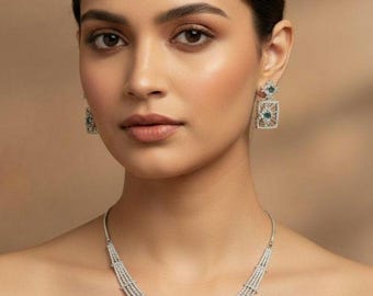 Mint Green CZ Geometric Necklace Set Silver, Layered Statement Jewelry, Modern Pendant Necklace, Elegant Evening Wedding Guest Set