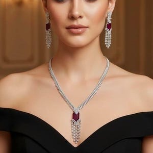 Ruby Red Statement Necklace Set, Indian Wedding Jewelry, CZ Drop Pendant Necklace Earrings, Pakistani Reception