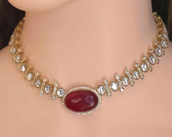 Ruby Red CZ Necklace Set Gold Plated, Oval Statement Choker Necklace, Elegant Crystal Jewelry Set, Wedding Guest Jewelry Gift