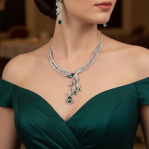 Silver CZ Y Necklace Set, Indian Wedding Jewelry, Bridal Lariat Necklace, Pakistani Reception Jewelry, Sapphire Emerald Ruby Set Earrings