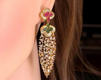 Kundan Style Bridal Earrings Gold Dangle Indian Wedding Jewelry Pakistani Bridal Earrings Mehndi Sangeet Jewelry Statement Ethnic Earrings