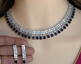 Blue Sapphire CZ Necklace Set, Diamond Look Bridal Jewelry, Silver Statement Necklace Earrings Set, Wedding Reception Jewelry, Evening Prom