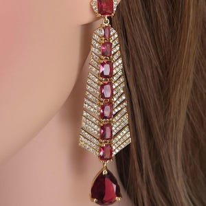 Ruby Red CZ Statement Earrings Long Gold Dangle Earrings Elegant Evening Jewelry Bold Drop Earrings Wedding Guest Jewelry Gift for Her