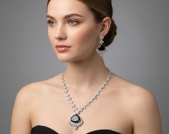 Floral Sapphire CZ Necklace Set Silver, Statement Evening Jewelry, Blue Stone Wedding Necklace, Elegant Bridal Reception Jewelry Set