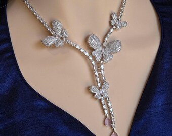 Butterfly CZ Y Necklace Set – Pink Drop Statement Jewelry with Long Earrings, Romantic Bridal Jewelry, Reception Sangeet Party Jewelry Set