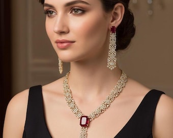 Gold Plated Ruby CZ Necklace Earring Set, Elegant Statement Jewelry, Wedding Reception Party Necklace, Gift for Her Jewelry