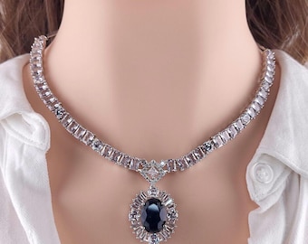 Heirloom Oval CZ Necklace Set, Vintage Inspired Crystal Jewelry, Blue Red Pendant Necklace Earrings, Elegant Formal Jewelry Set