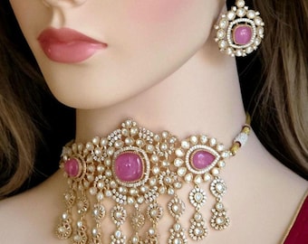 Pink Moissanite Kundan Bridal Choker Set, Indian Wedding Jewelry, Statement Lehenga Necklace, Pakistani Nikkah Reception Jewelry