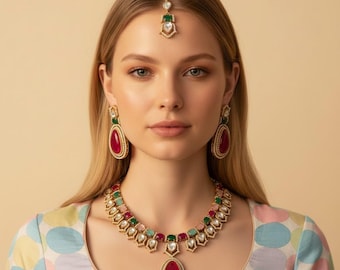 Moissanite Kundan Bridal Necklace Set, Indian Wedding Jewelry, Statement Lehenga Set, Pakistani Nikkah Reception Jewelry, Pink Red Bridal