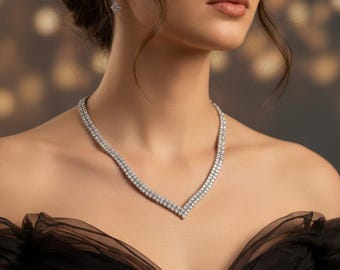 Modern V Shape CZ Necklace Set, Minimal Bridal Necklace Silver, Cubic Zirconia Wedding Jewelry, Reception Jewelry, Elegant Bridesmaid Gift