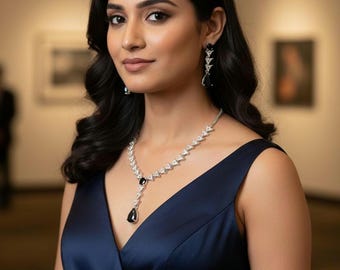 Navy Blue CZ Y Drop Necklace Set, Elegant Lariat Necklace, Sapphire Blue Statement Jewelry, Wedding Guest Evening Set