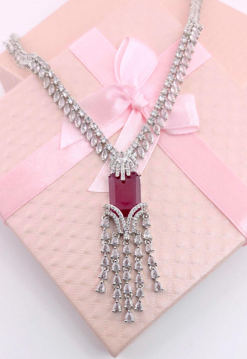 Ruby Red Statement Necklace Set, Indian Wedding Jewelry, CZ Drop — free download