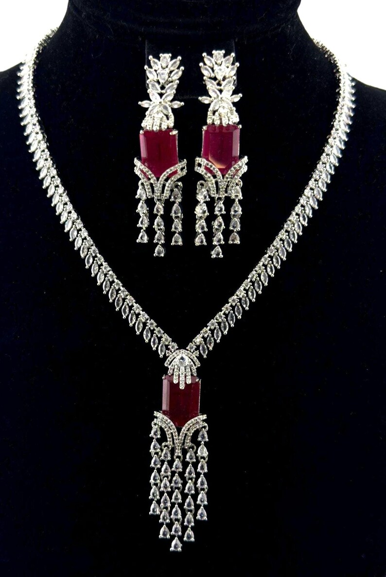 Ruby Red Statement Necklace Set, Indian Wedding Jewelry, CZ Drop — free download