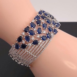 Statement CZ Cuff Bangle, Indian Pakistani Bridal Wedding Jewelry, Silver Tone Oval Crystal Bracelet