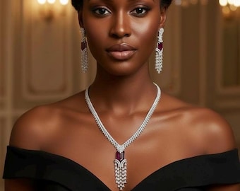 Ruby Red Statement Necklace Set, CZ Drop Pendant Jewelry, Elegant Evening Necklace Earrings Set, Formal Party Glam Jewelry