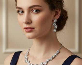 Pear Cut CZ Necklace Set Silver, Teardrop Bridal Jewelry, Elegant Wedding Guest Necklace, Prom Evening Jewelry Set