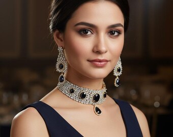 Blue CZ Choker Necklace Set Gold Plated, Diamond Look Statement Jewelry, Elegant Party Necklace, Cocktail Evening Jewelry