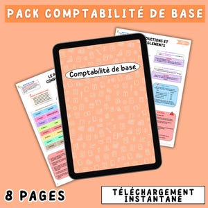 Peut inclure: Une tablette numérique affichant "Comptabilité de base" sur un fond pêche avec des icônes comptables. L'image comprend deux pages imprimées avec du texte et des diagrammes, ainsi que le texte "8 PAGES" et "TÉLÉCHARGEMENT INSTANTANÉ".