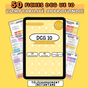 Peut inclure: Une tablette numérique affichant "DCG 10 SPECIAL EXAMEN" avec des documents d'accompagnement. La tablette est entourée de guides d'étude et le texte "50 FICHES DCG UE 10 COMPTABILITÉ APPROFONDIE" est en haut. Le texte du bas indique "TÉLÉCHARGEMENT INSTANTANE".