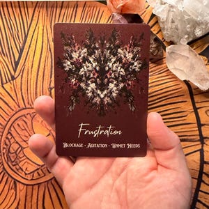Pu&ograve; includere: Una carta dei tarocchi color amaranto con la parola "Frustration" in corsivo. La carta presenta un design astratto simmetrico in bianco e rosso scuro. Sotto, le parole "BLOCKAGE - AGITATION - UNMET NEEDS".