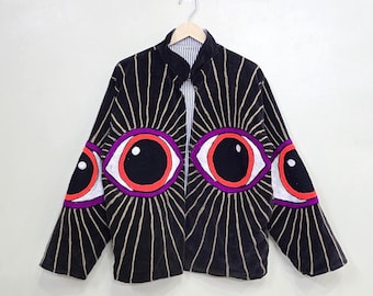 Eye Embroidery Suzani Jacket – Bohemian Handmade Embroidery Outerwear, Spiritual Evil Eye Protection Coat, Festival & Artistic Suzani Jacket