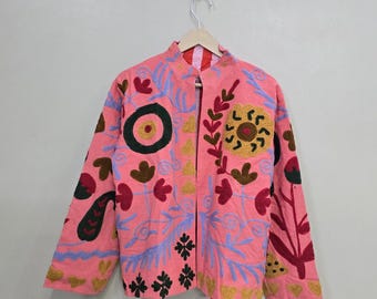 Indian Cotton Suzani Hand Embroidery Jacket Coat, Colorful Ethnic Chic Outerwear for Seasonal Outfits, Perfect Christmas Birthday Gift Her