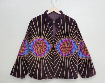 Evil Eye Velvet Suzani Embroidered Jacket: Boho Coat | Winter Wear Jacket | Unique Statement Outerwear | Kimono Robe,Artisan Hippie Clothing