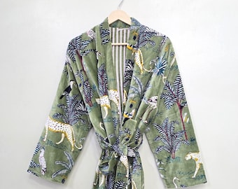Green Jungle Print Velvet Kimono Robes, Morning Tea Velvet Coat, Bridesmaid Robe, Women Wear Cotton Velvet robe, Velvet Jacket, Bridal Robe