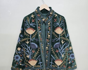 Boho Green Velvet Suzani Embroidery Jacket, Handmade Embroidery Soft Velvet Fabric Jacket, Women's Clothing Coat, Trending Green Suzani Coat