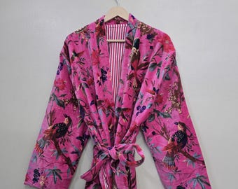 Pink Bird Print Velvet Kimono Robes, Morning Tea Velvet Coat, Bridesmaid Robe, Women Wear Cotton Velvet robe, Velvet Jacket, Bridal Robe