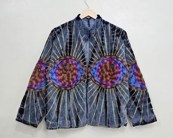 Tie Dye Evil Eye Velvet Embroidered Jacket: Boho Coat | Winter Wear Jacket | Unique Statement Outerwear| Kimono Robe,Artisan Hippie Clothing