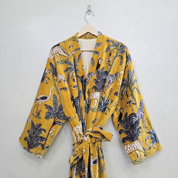 Yellow Jungle Print Velvet Kimono Robes, Morning Tea Velvet Coat, Bridesmaid Robe, Women Wear Cotton Velvet robe, Velvet Jacket, Bridal Robe