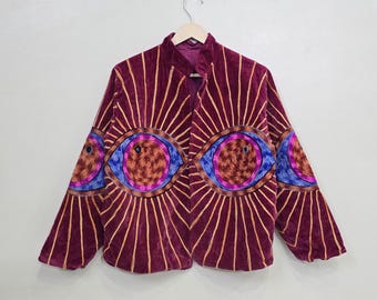 Embroidery Evil Eye Velvet Jacket –New Handmade Boho Festival Coat|Unique Statement Outerwear| Artisan Hippie Clothing| Bold Bohemian Jacket