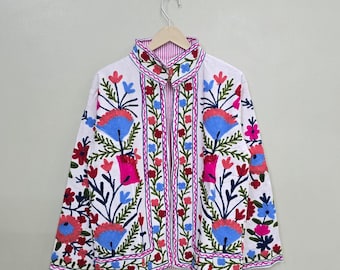 Indian Cotton Suzani Hand Embroidery Jacket Coat, Colorful Ethnic Chic Outerwear for Seasonal Outfits, Perfect Christmas Birthday Gift Her