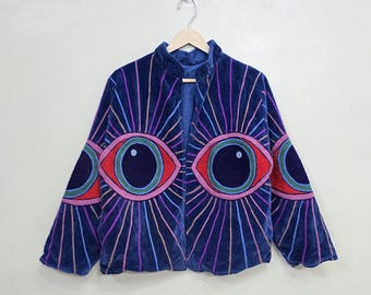 Eye Suzani Embroidered Velvet Eye Short Jacket, Handmade Vintage Jacket, Evil Eye Suzani Jacket, Pure Velvet Jacket, Boho & Hippie, For Her