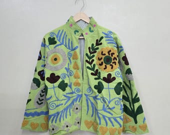 Indian Suzani Embroidery Jacket, Cotton Suzani Coat, Winter Wear Jacket Coat, Suzani Short Jacket, Hand Embroidered Jacket For Women