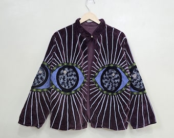 Eye Embroidery Velvet Jacket – New Handmade Boho Festival Coat | Unique Statement Outerwear | Artisan Hippie Clothing | Bold Bohemian Jacket