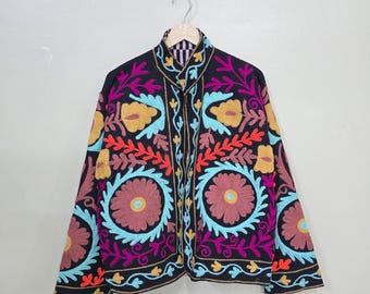 Indian Suzani Embroidery Jacket, Cotton Suzani Coat, Winter Wear Jacket Coat, New Suzani Short Jacket Rare Hand Embroidered Jacket For Women