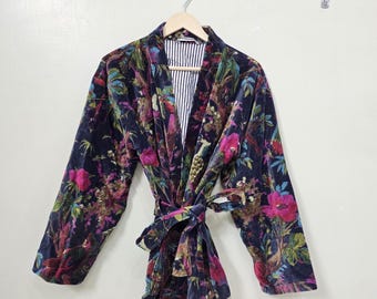Bird Print Velvet Kimono Robes, Morning Tea Velvet Coat, Bridesmaid Robe, Women Wear Cotton Velvet robe, Velvet Jacket, Bridal Robe