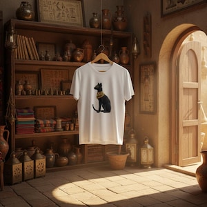 Może przedstawiać: Biała koszulka z ilustracją czarnego kota ze złotym kołnierzem. Kot siedzi, zwrócony w lewo. Koszulka wisi na drewnianym wieszaku. Tło obejmuje drewnianą półkę z różnymi artefaktami i ceramiką.