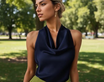 Chaleco elegante sin mangas con cuello halter en color liso - Top moderno de manga corta sin espalda para mujer