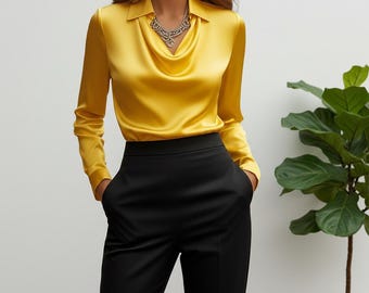 Elegante Swing Kragen Bluse für Frauen Langarm Pullover Büro Top Lässig