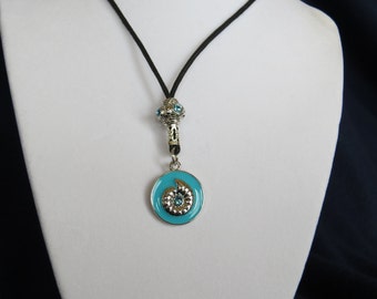 Fashion Jewelry - Aqua seashell jeweled Charm  Adjustable  Necklace with Silver aqua sparkle bead