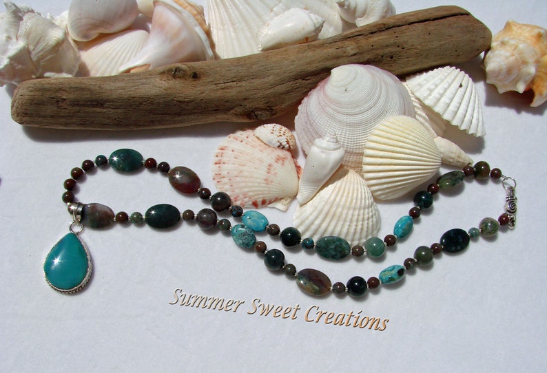 Green Onyx with Jasper and Turquoise Necklace and Earring Set image 2