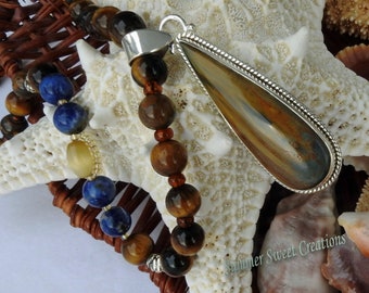 Flashy Tiger Eye with Sodalite Surround a Teardrop Pietersite Pendant