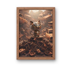 以下が含まれることがあります： 金属製のスチームパンク風の猫の置物が描かれたフレーム入りプリント。錆びた車の部品の山の上に立っています。背景には、古い車でいっぱいのジャンクヤードが描かれています。このアートワークは、暖かくセピア色の色調です。