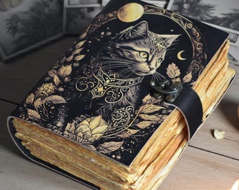 Mystische Katzenkunst Büttenrand Grimoire | Handgefertigt Lederbuch | Zauberbuch